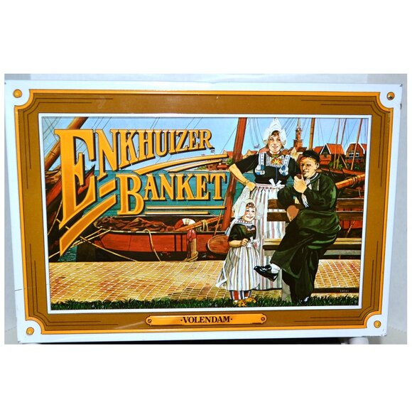 Enkuizer Banket Other - Vintage Dutch Cookie Tin Enkhuizer Banket Volendam Harbor Scene Folk Art Box